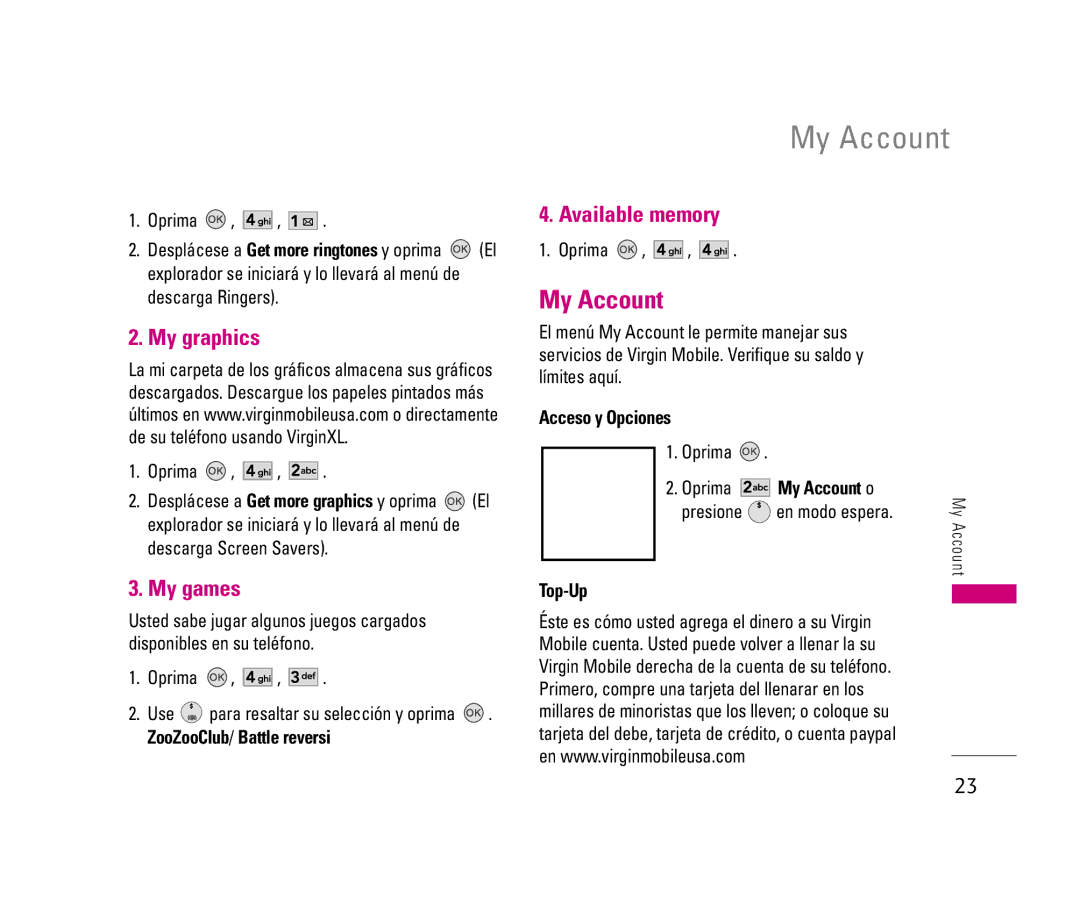 LG Electronics LX140 manual My Account, My graphics, My games, Available memory 