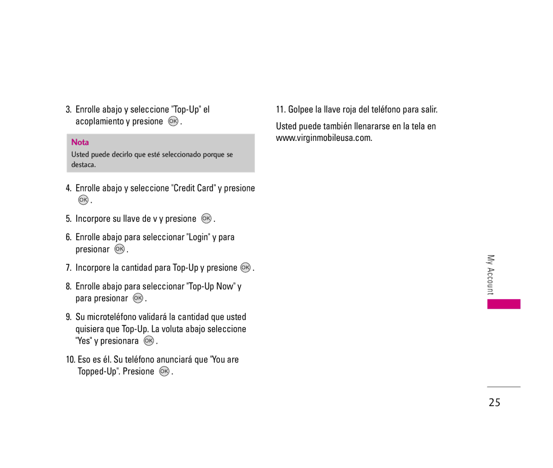 LG Electronics LX140 manual Enrolle abajo para seleccionar Top-Up Now y Para presionar, My Account 