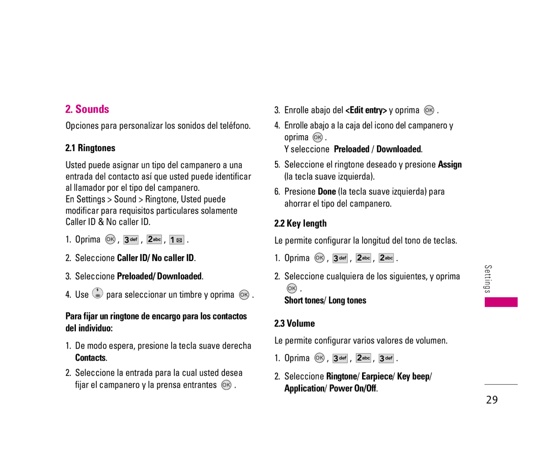 LG Electronics LX140 manual Sounds, Ringtones, Key length, Volume 