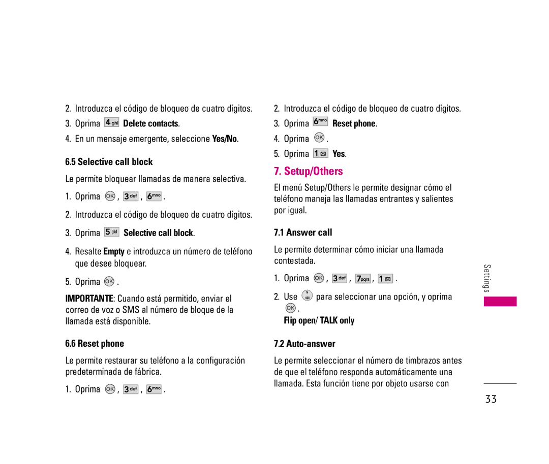 LG Electronics LX140 manual Setup/Others, Selective call block, Reset phone, Answer call, Auto-answer 