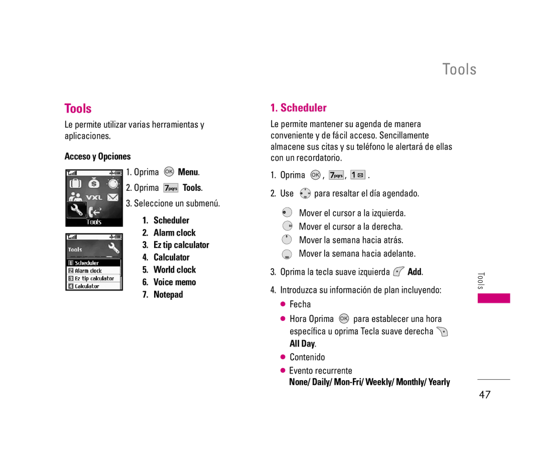 LG Electronics LX140 manual Tools, Scheduler, Add, None/ Daily/ Mon-Fri/ Weekly/ Monthly/ Yearly 