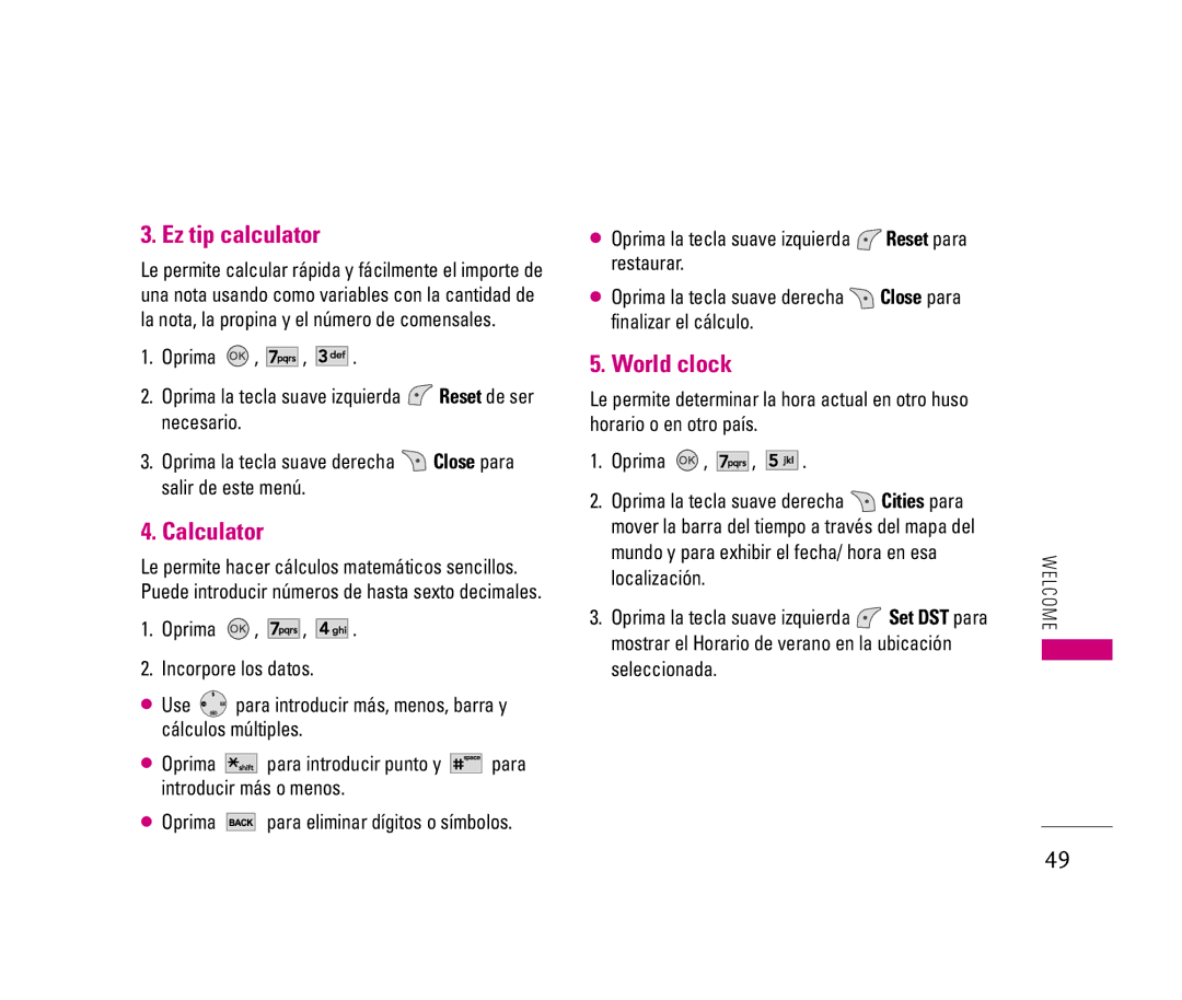 LG Electronics LX140 manual Ez tip calculator, Calculator, World clock 