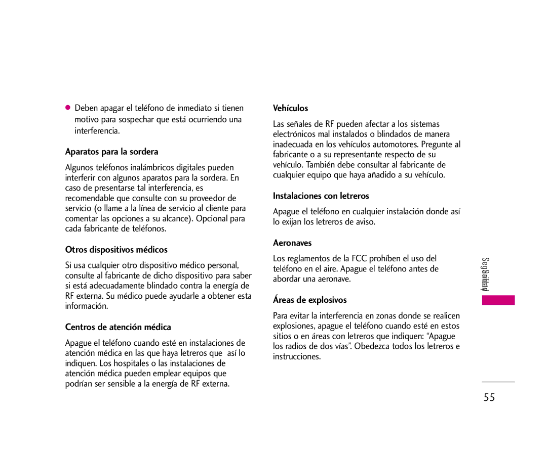 LG Electronics LX140 manual Aparatos para la sordera, Otros dispositivos médicos, Centros de atención médica, Vehículos 