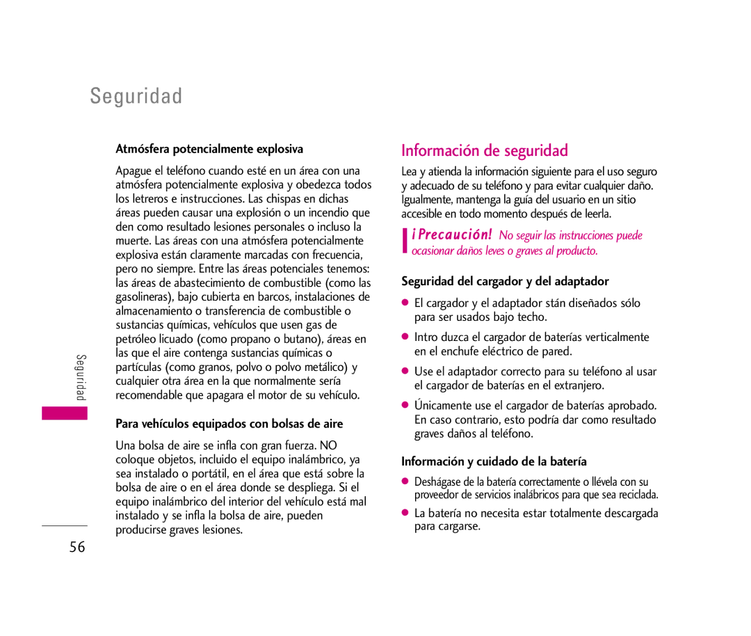 LG Electronics LX140 manual Atmósfera potencialmente explosiva, Seguridad del cargador y del adaptador 