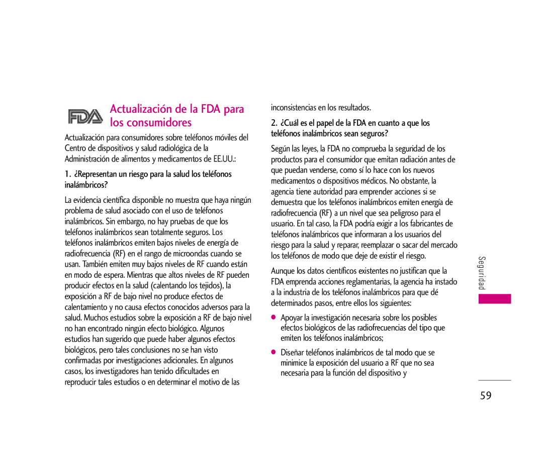 LG Electronics LX140 manual Actualización de la FDA para los consumidores, Inconsistencias en los resultados 