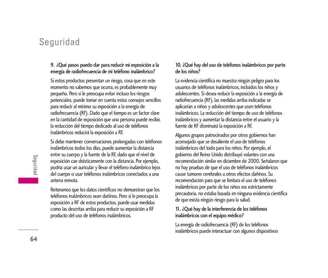 LG Electronics LX140 Inalámbricos reducirá la exposición a RF, Antena remota, Producto del uso de teléfonos inalámbricos 