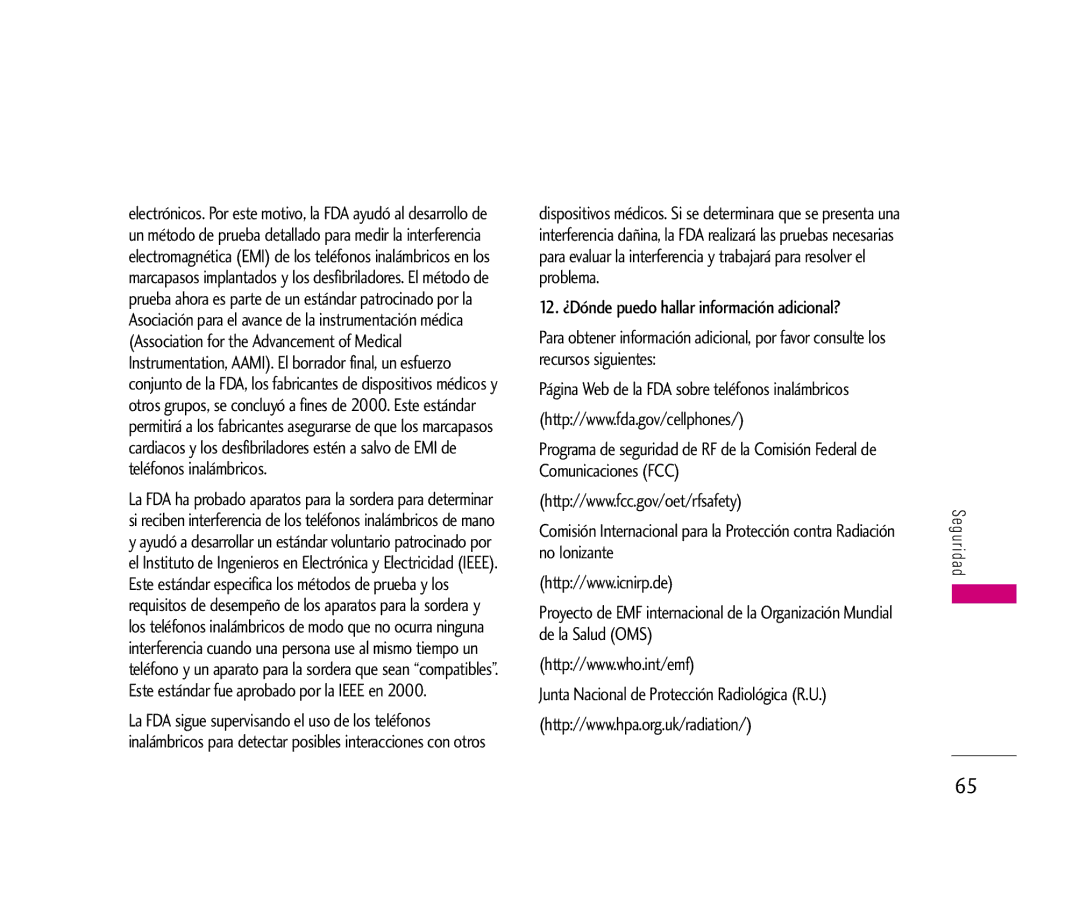 LG Electronics LX140 manual Página Web de la FDA sobre teléfonos inalámbricos 