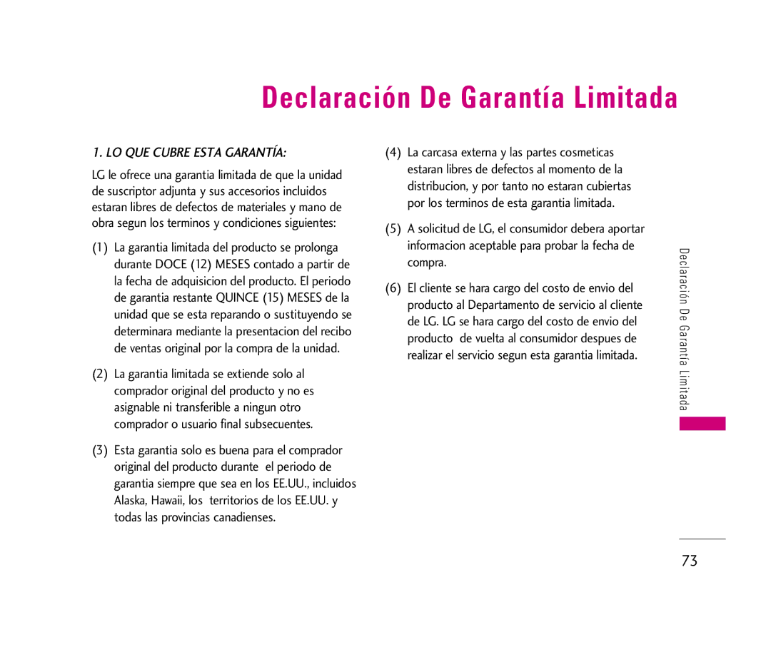 LG Electronics LX140 manual Declaración De Garantía Limitada 