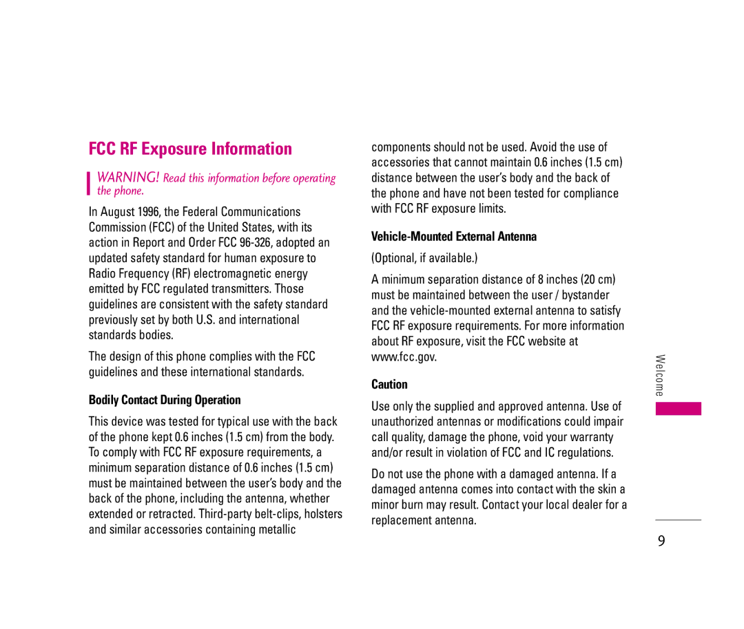 LG Electronics LX140 manual FCC RF Exposure Information, Bodily Contact During Operation, Vehicle-Mounted External Antenna 