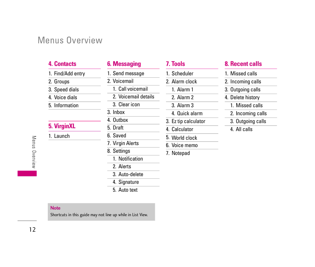 LG Electronics LX140 manual Menus Overview, Contacts, Tools Recent calls, VirginXL 
