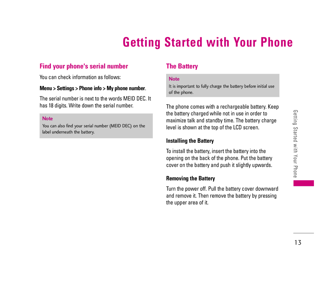 LG Electronics LX140 manual Find your phones serial number, Installing the Battery, Removing the Battery 