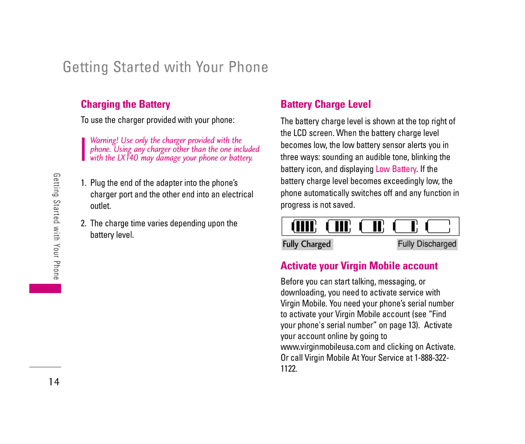 LG Electronics LX140 manual Getting Started with Your Phone, Charging the Battery, Battery Charge Level 