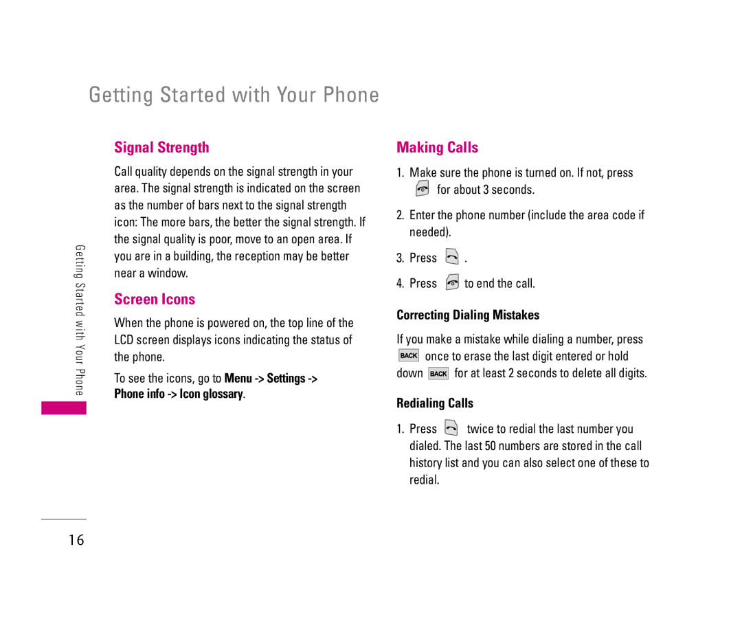 LG Electronics LX140 manual Signal Strength, Screen Icons, Making Calls, Correcting Dialing Mistakes, Redialing Calls 