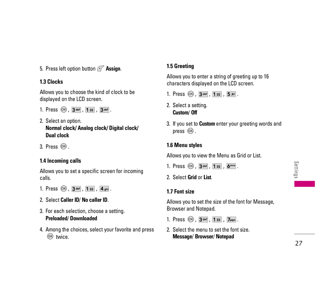 LG Electronics LX140 manual Clocks, Incoming calls, Greeting, Menu styles, Font size 