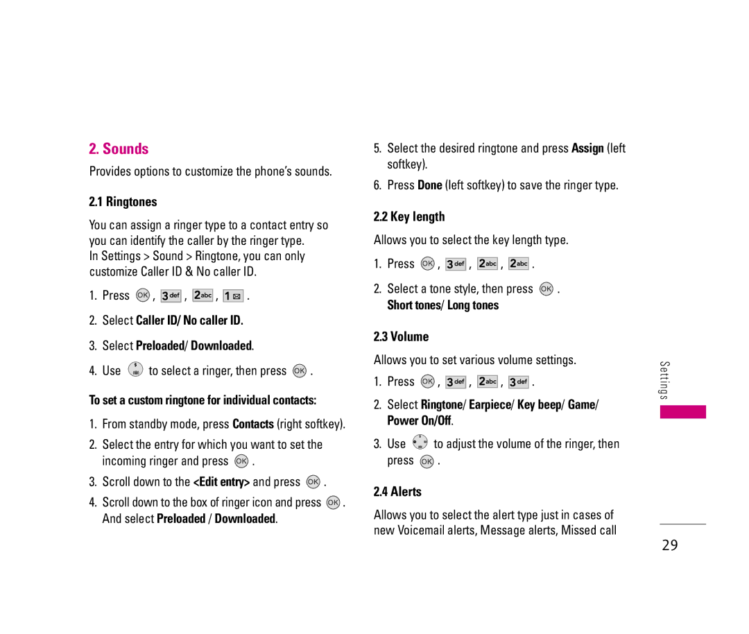 LG Electronics LX140 manual Sounds, Ringtones, Key length, Volume, Alerts 
