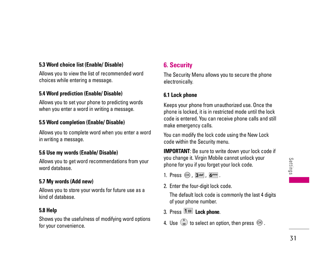 LG Electronics LX140 manual Security 