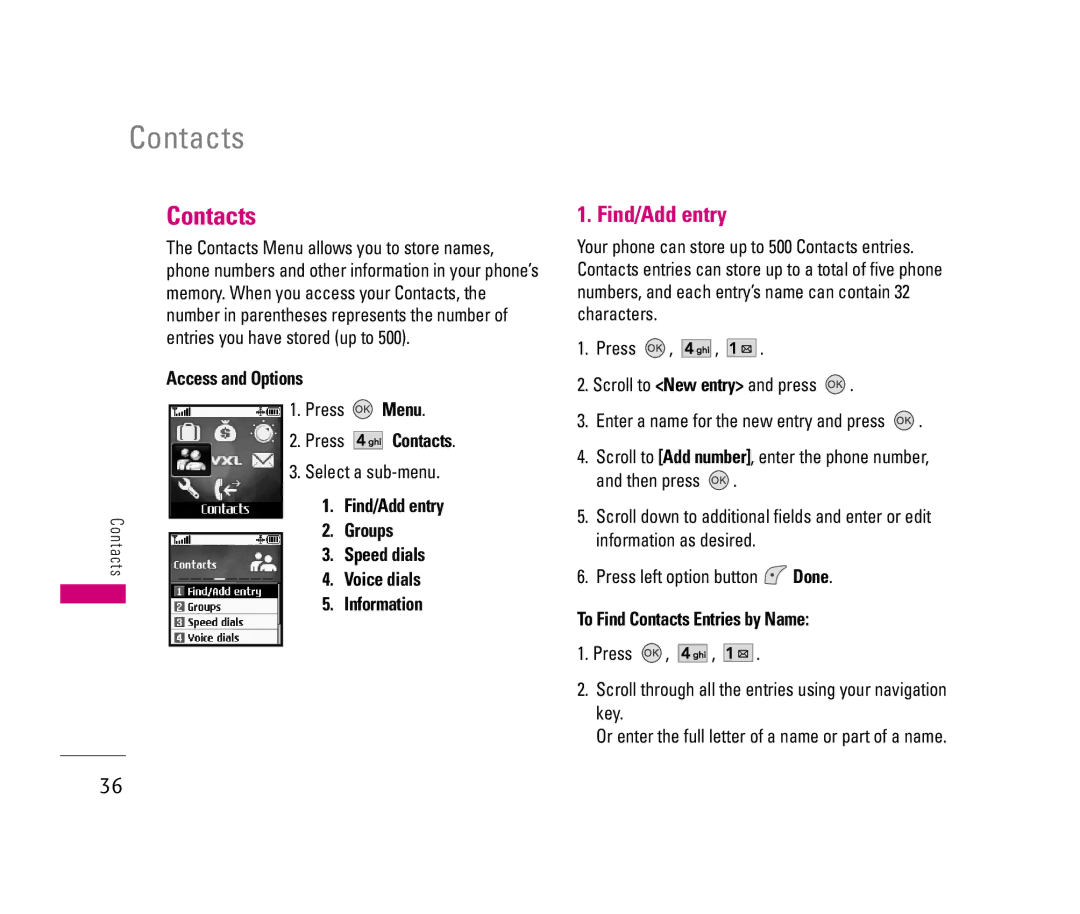 LG Electronics LX140 manual Contacts, Find/Add entry 