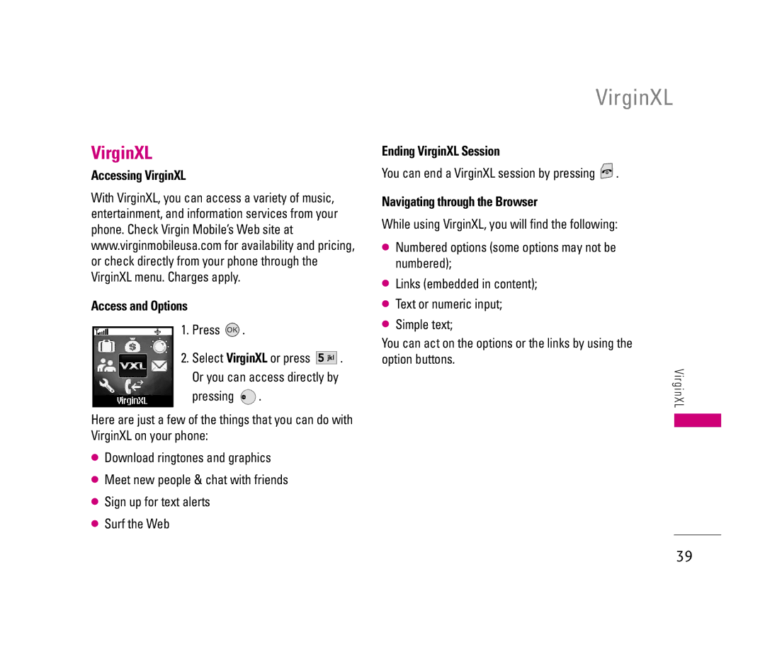 LG Electronics LX140 Accessing VirginXL Access and Options, Ending VirginXL Session, Navigating through the Browser 