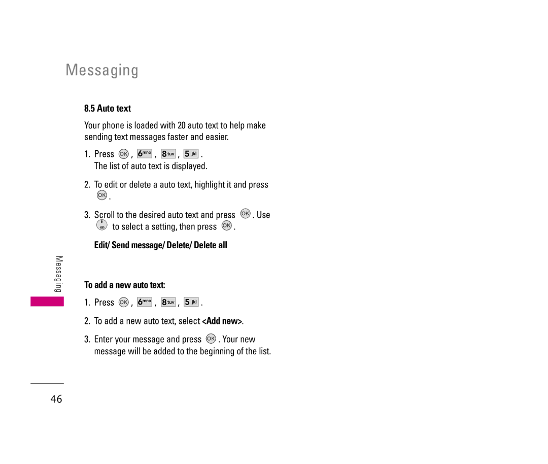 LG Electronics LX140 manual Auto text, Press To add a new auto text, select Add new 