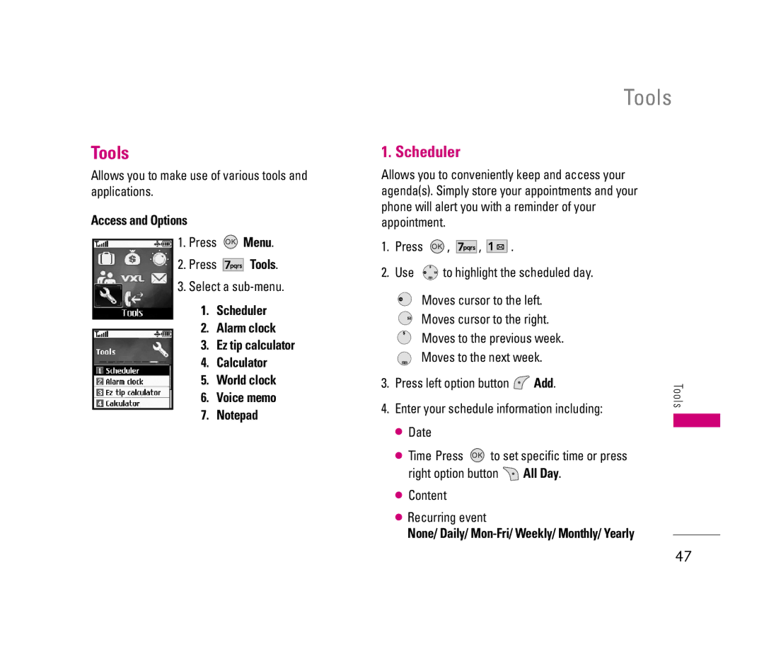 LG Electronics LX140 manual Tools, Scheduler 