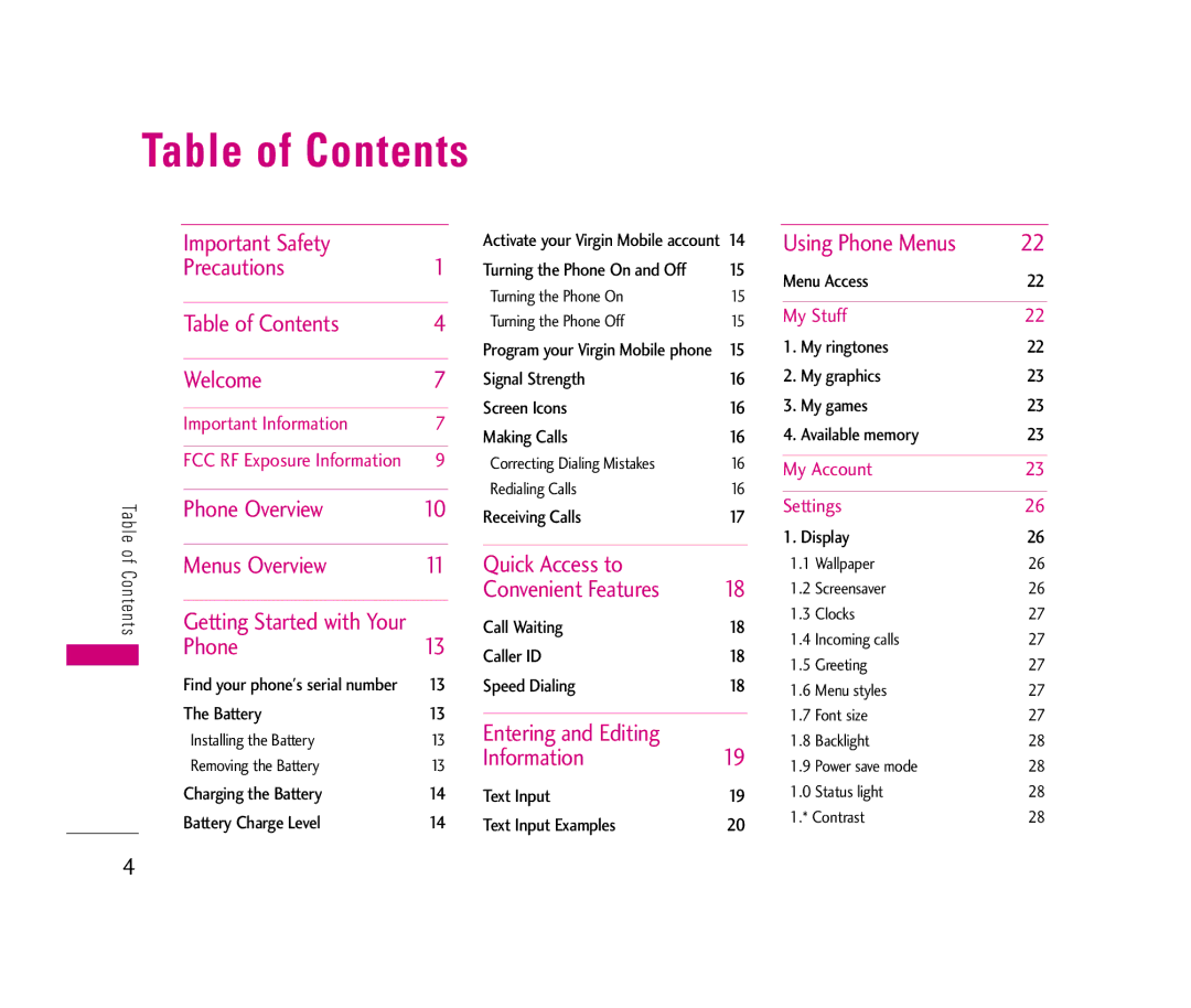 LG Electronics LX140 manual Table of Contents 