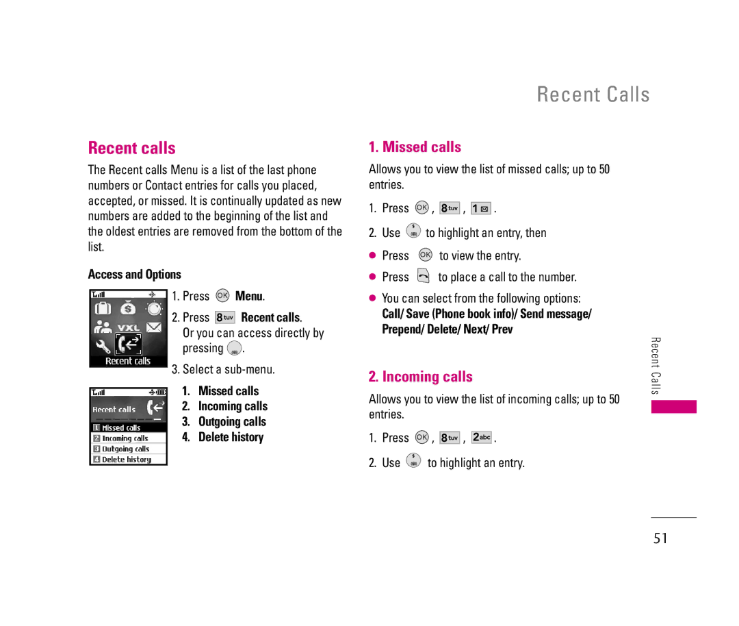 LG Electronics LX140 manual Recent Calls, Recent calls, Missed calls, Incoming calls 