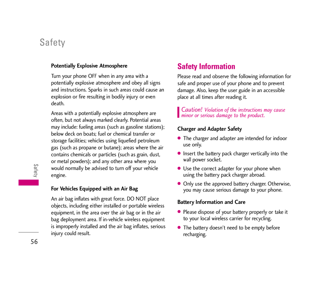 LG Electronics LX140 manual Safety Information, Potentially Explosive Atmosphere, For Vehicles Equipped with an Air Bag 