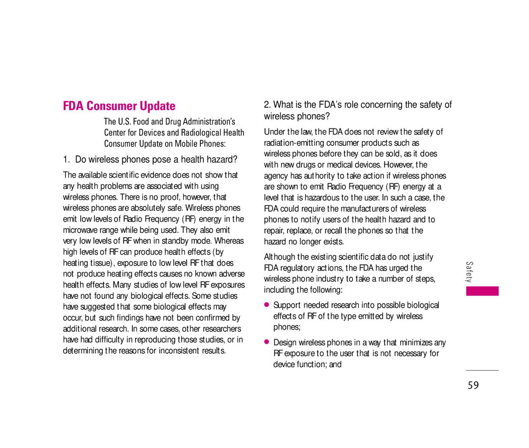 LG Electronics LX140 manual FDA Consumer Update, Do wireless phones pose a health hazard? 