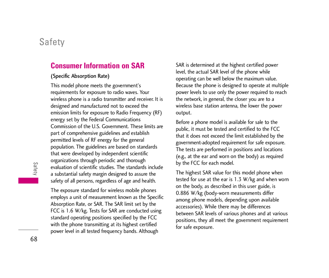 LG Electronics LX140 manual Consumer Information on SAR, Specific Absorption Rate 