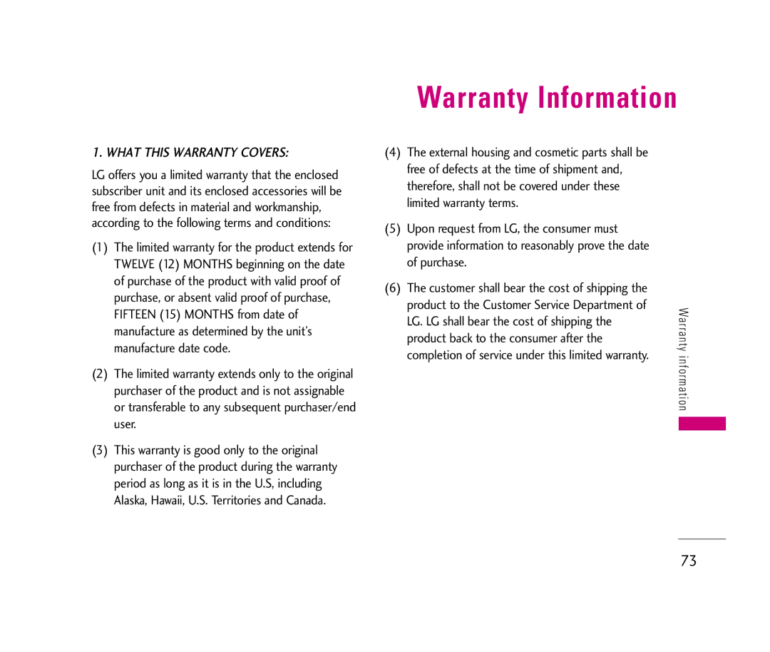 LG Electronics LX140 manual Warranty Information, Purchase, Product to the Customer Service Department 