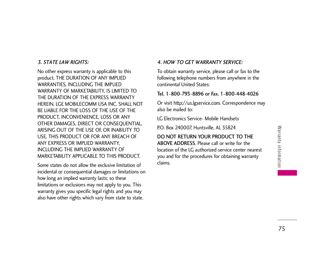 LG Electronics LX140 manual State LAW Rights 