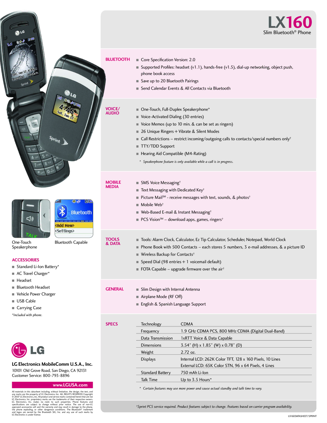 LG Electronics LX160 manual Bluetooth, Voice, Audio, Mobile, Media, Tools, Data, General, Specs 