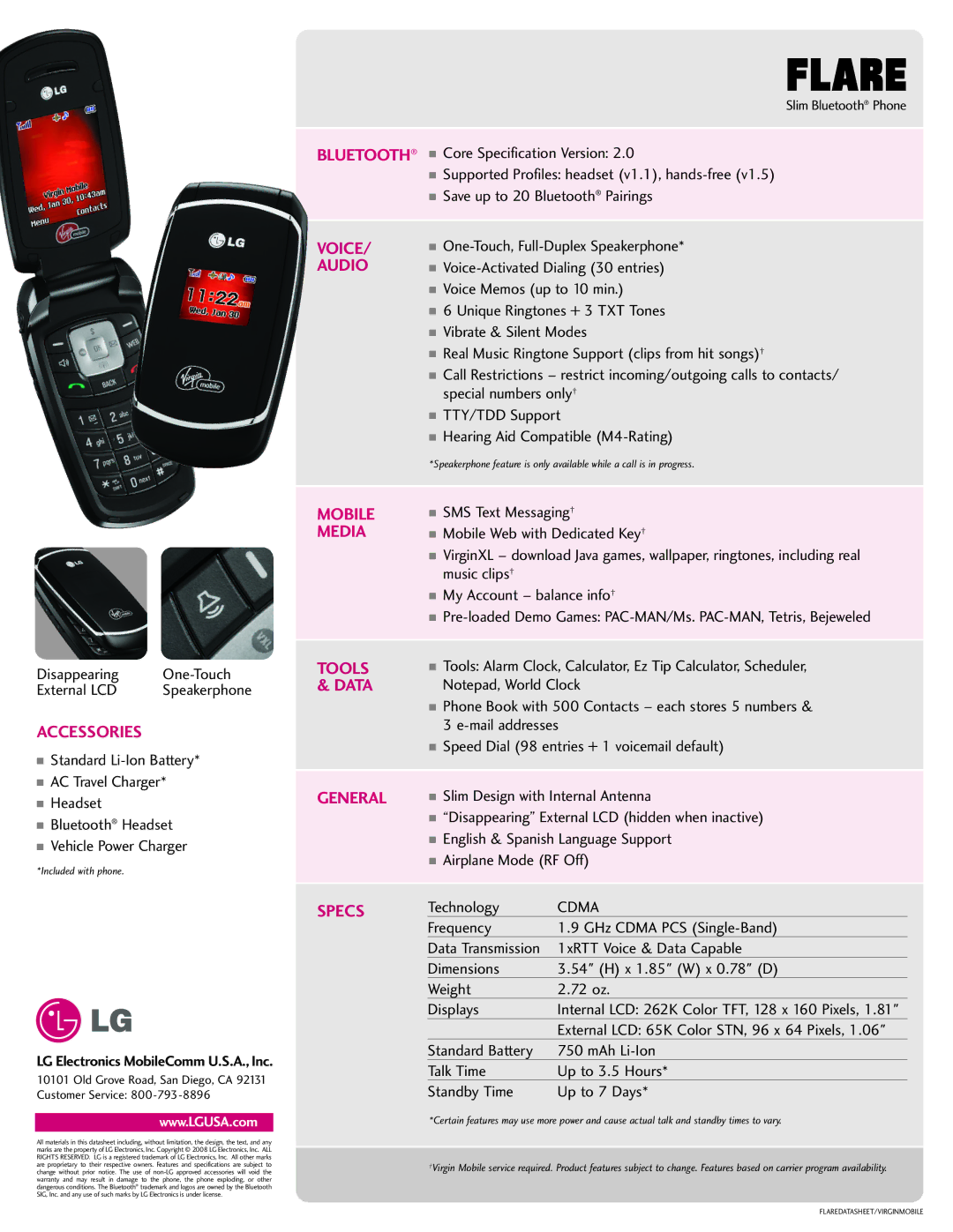 LG Electronics LX165 manual Accessories, Voice, Audio, Mobile, Media, Tools, Data, General, Specs 