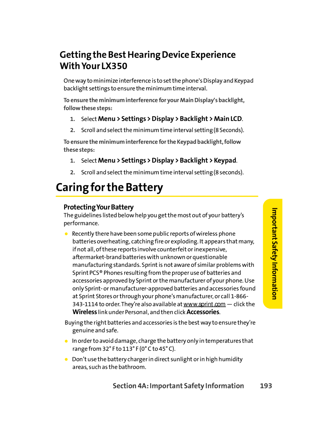 LG Electronics manual Caring for the Battery, Getting the Best Hearing Device Experience With Your LX350, 193 