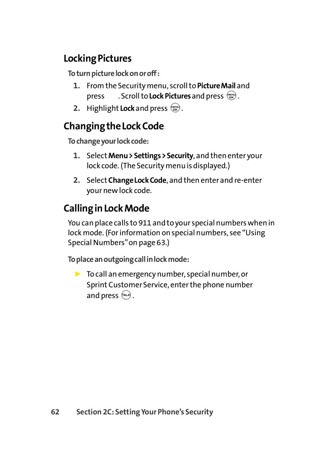 LG Electronics LX350 manual Locking Pictures, Changingthe Lock Code, Calling in Lock Mode 