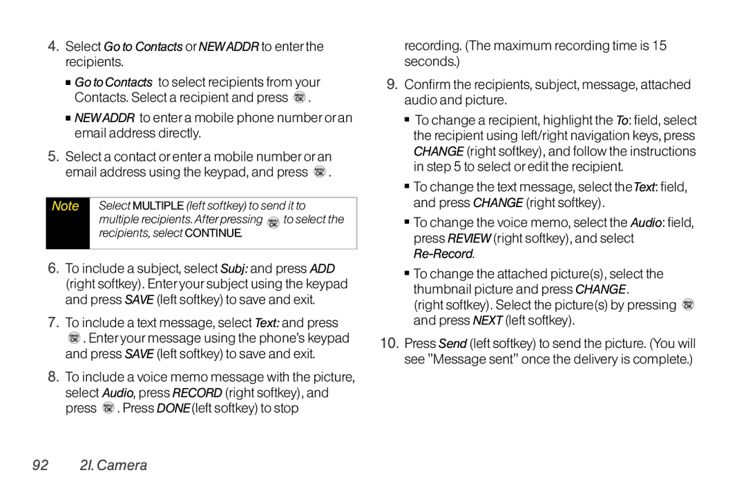 LG Electronics LX370 manual To include a text message, select Text and press, 92 2I. Camera 