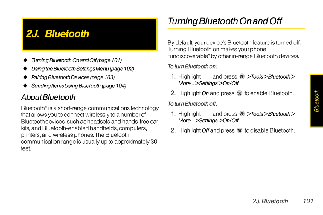 LG Electronics LX370 manual 2J. Bluetooth, Turning Bluetooth On andOff, About Bluetooth 