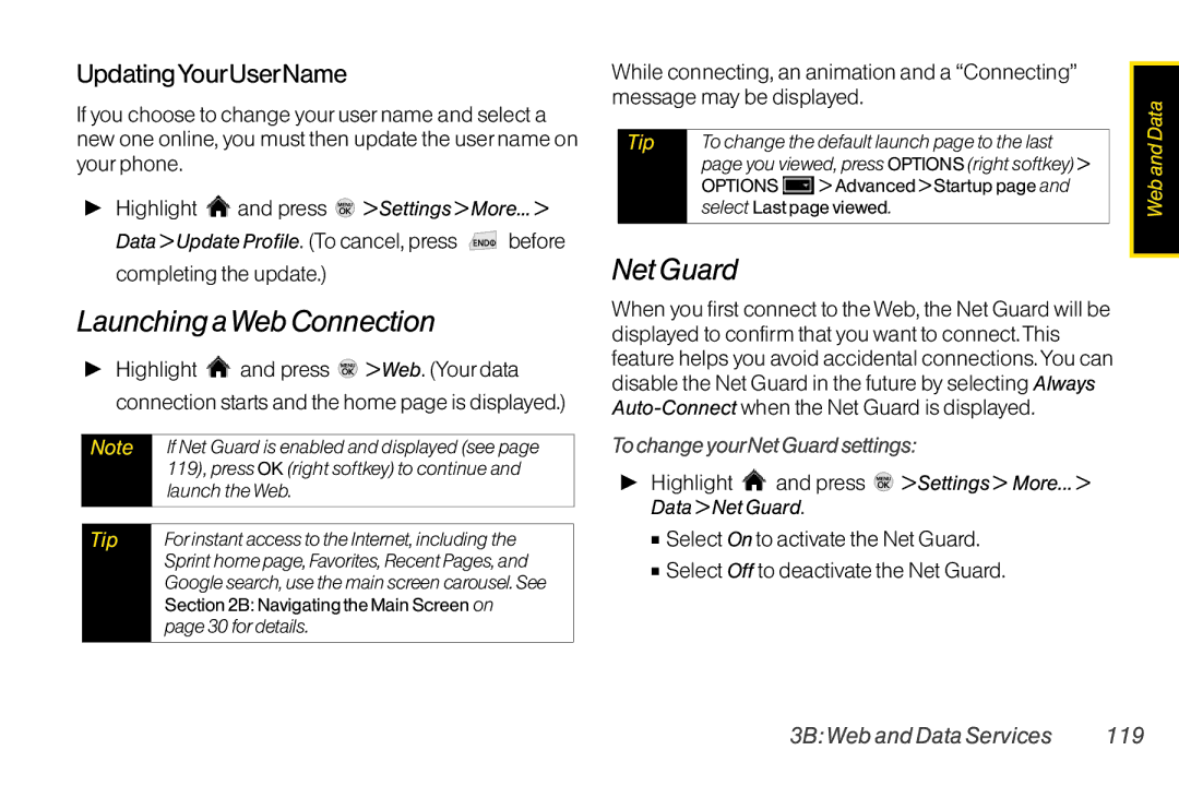 LG Electronics LX370 manual LaunchingaWebConnection, UpdatingYourUserName, To change yourNet Guardsettings 