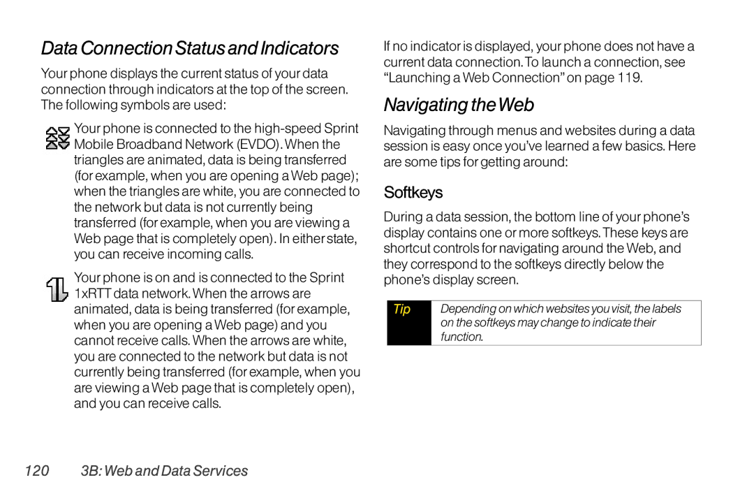 LG Electronics LX370 Data Connection Status and Indicators, Navigating theWeb, Softkeys, 120 3B Web and Data Services 