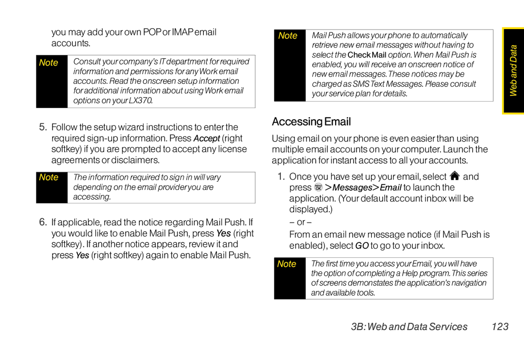 LG Electronics LX370 manual Accessing Email, You may add your own POP or Imap email accounts, 3B Web and Data Services 123 