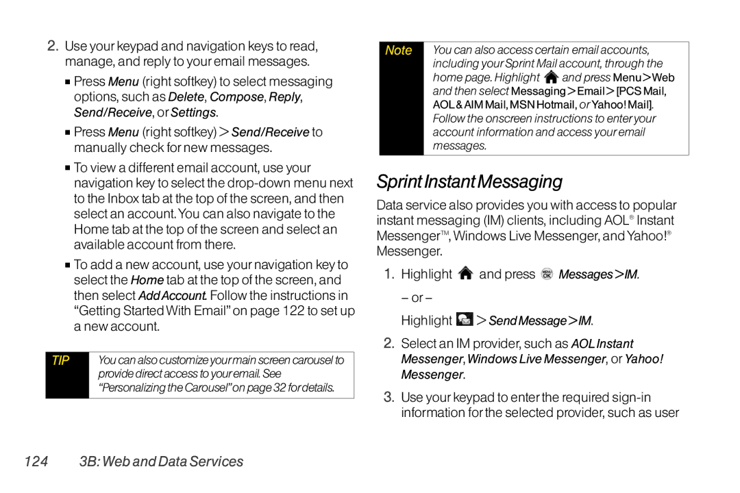 LG Electronics LX370 manual SprintInstantMessaging, 124 3B Web and Data Services, Provide direct access to youremail. See 
