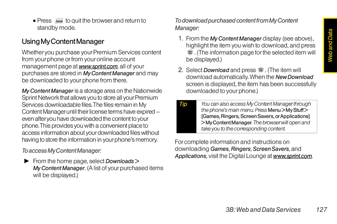 LG Electronics LX370 manual Using MyContent Manager, To access My Content Manager, 3B Web and Data Services 127 