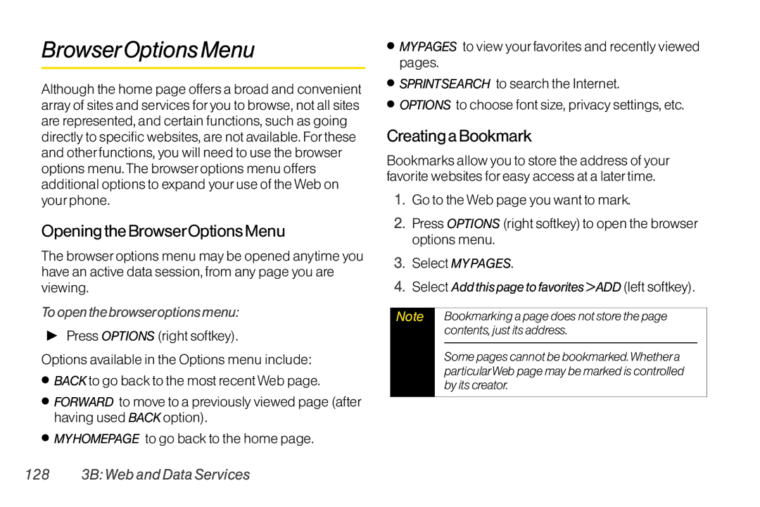 LG Electronics LX370 manual Opening the BrowserOptions Menu, Creating a Bookmark, To open the browseroptions menu 