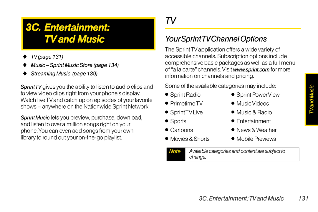 LG Electronics LX370 manual 3C. Entertainment TV and Music, YourSprintTVChannel Options, 3C. EntertainmentTV and Music 131 