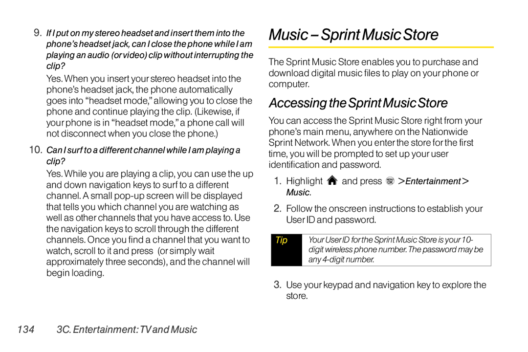 LG Electronics LX370 manual Music Sprint MusicStore, Accessing the Sprint Music Store, 134 3C. EntertainmentTV and Music 