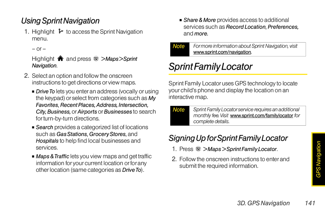 LG Electronics LX370 manual Using Sprint Navigation, Signing Up forSprint Family Locator, 3D. GPS Navigation 141 