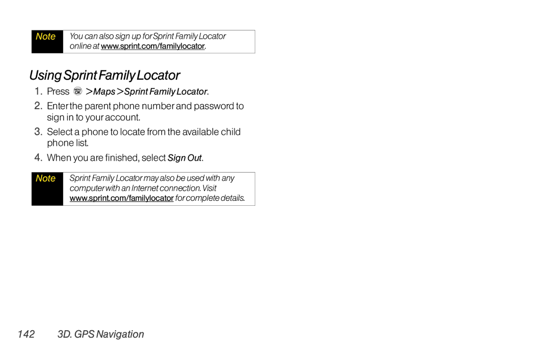 LG Electronics LX370 manual Using Sprint Family Locator, 142 3D. GPS Navigation 