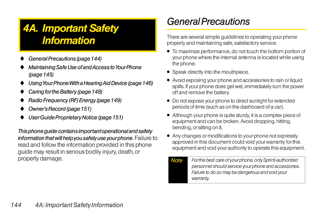 LG Electronics LX370 4A. Important Safety Information, General Precautions, 144 4A Important Safety Information, Warranty 