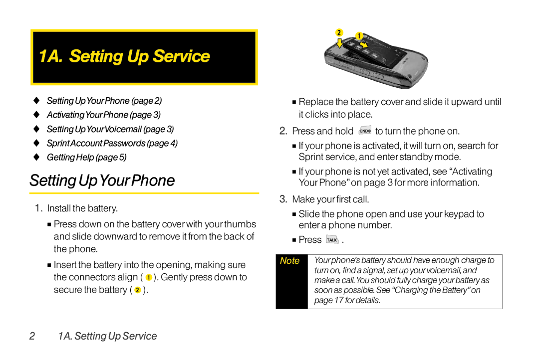 LG Electronics LX370 manual 1A. Setting Up Service, Setting UpYourPhone 