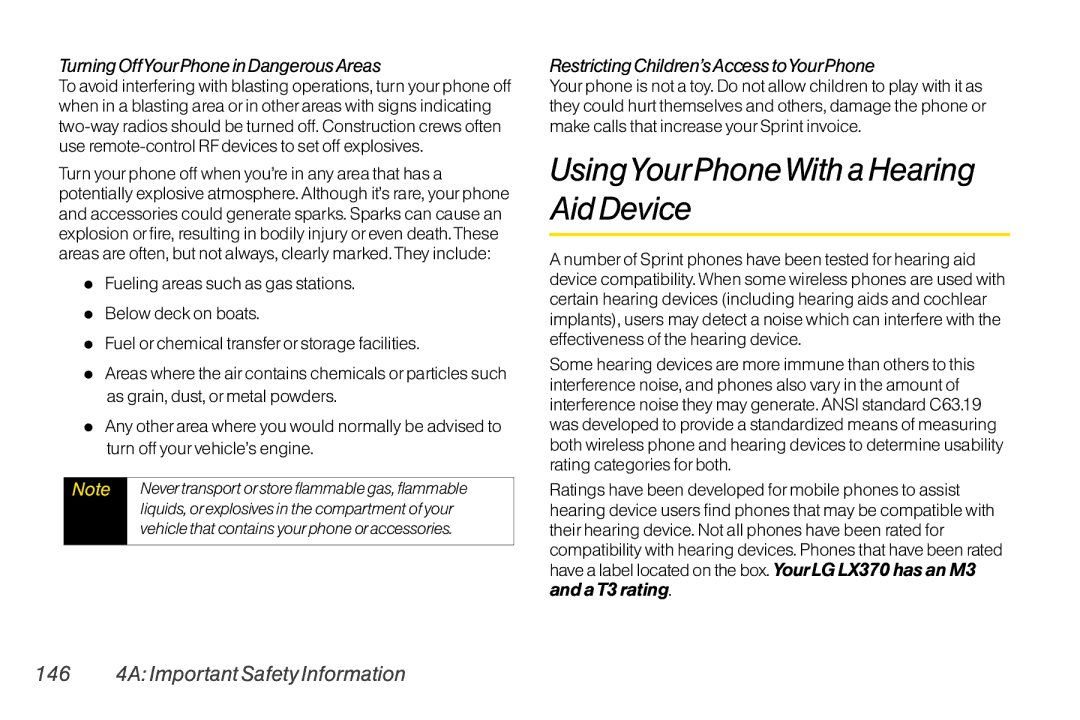 LG Electronics LX370 manual UsingYourPhoneWith a Hearing Aid Device, 146 4A Important Safety Information, AT3 rating 